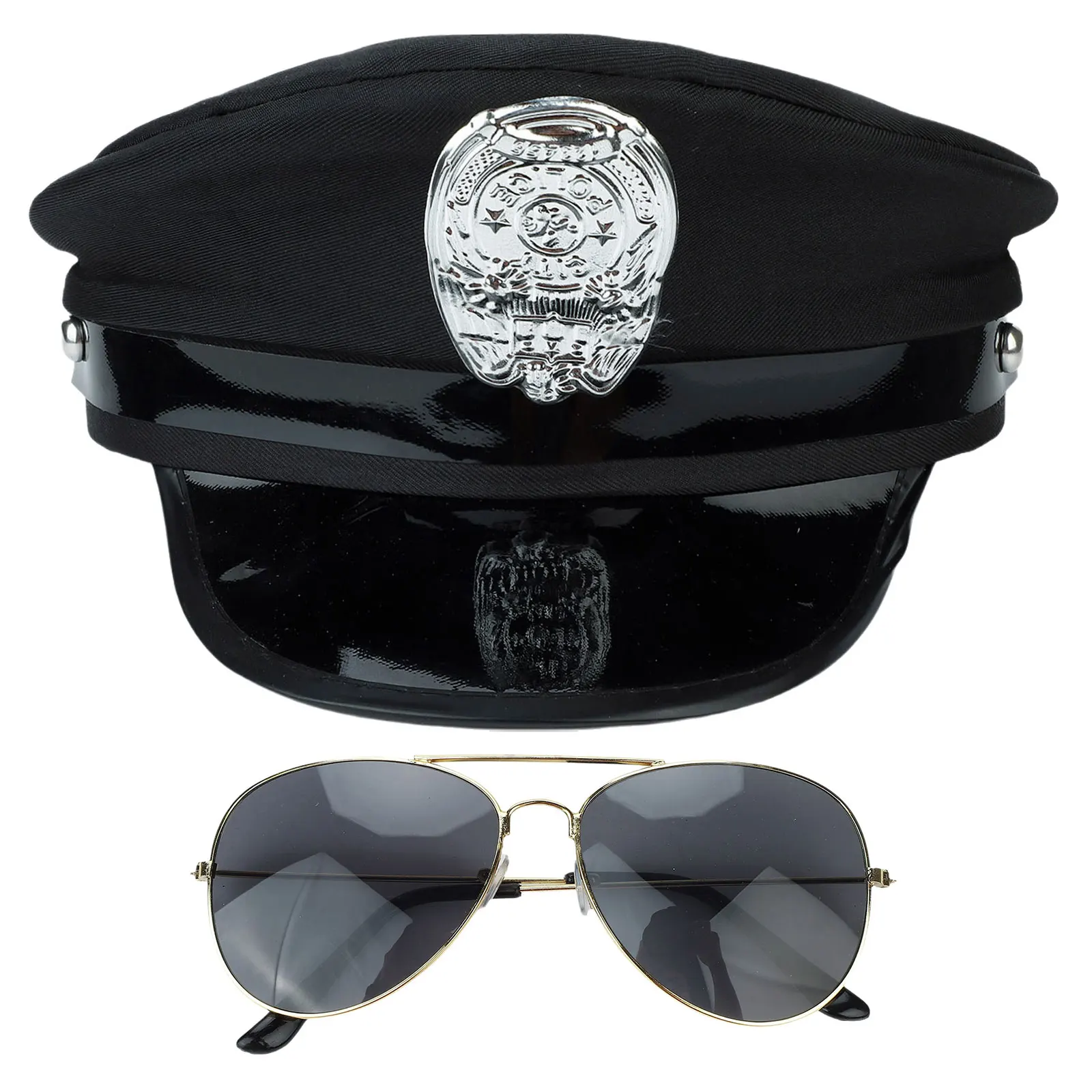 Performance Military Hat Police Badge Octagonal Hat Carnival Masquerade Party Hat + Frame Glasses For Halloween Police Cosplay