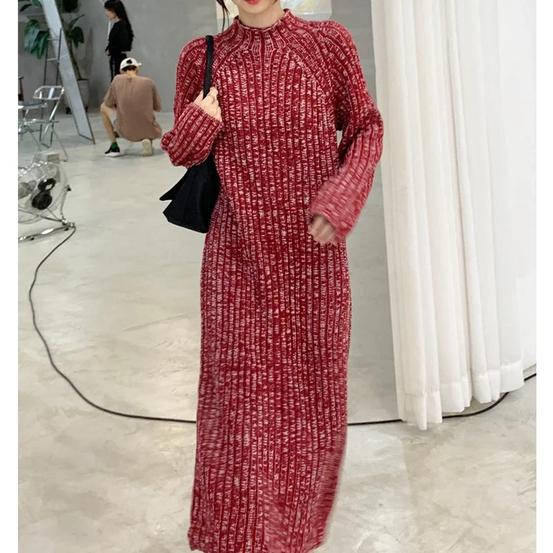 Burgundy Thicken Wool Dress for Women Autumn Tall Neck Loose Long Knitwear Korean Chic Elegant Soft Wool Pullover Vestido