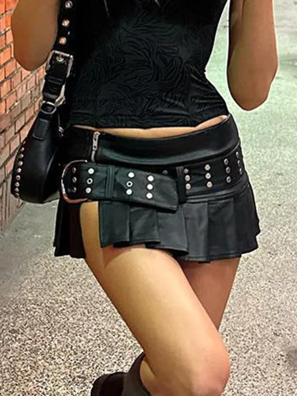 Jupe de rue Faion pour femmes, taille basse, Punk Sle, avec Rivets, Sexy, fendue, ligne a, plissée, en cuir, pour dames tendance