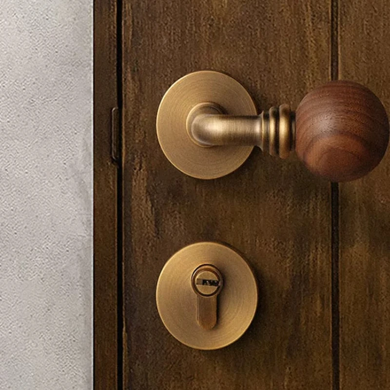US10B Oil Rubbed Bronze Magnetic Lock,Walnut Wood Door Handle for Bedroom,Silent Privacy Lockset ZincAlloy Vintage Home Hardware