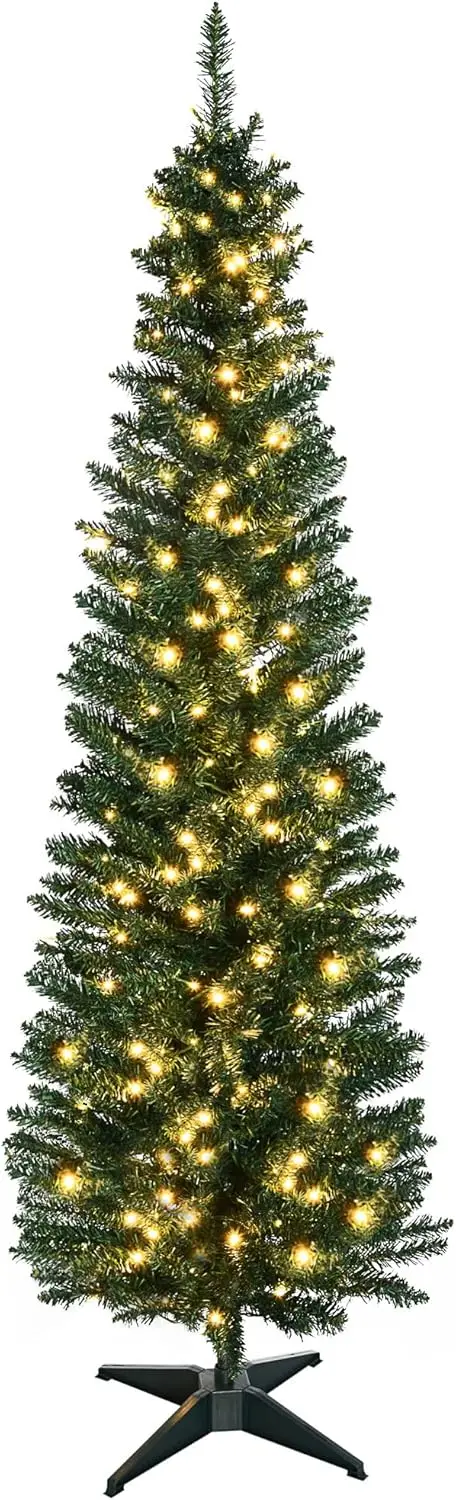 

Pre-Lit Slim Noble Fir Artificial Christmas Tree with 200 Warm White LED Lights and 390 Tips, for Christmas Decoration, Green