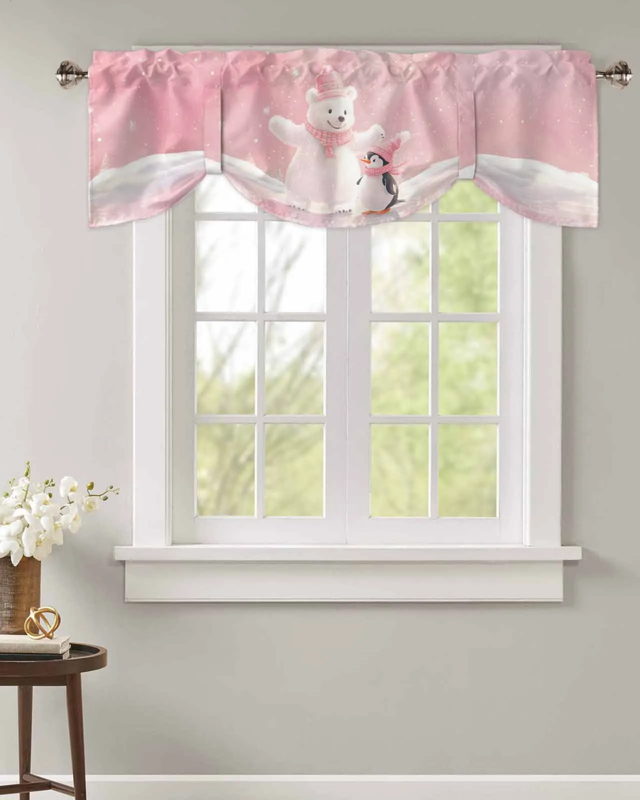 Christmas Pink White Bear Penguin Short Window Curtain Kitchen Cafe Cabinet Door Tie up Valance Bedroom Small Drapes Home Decor