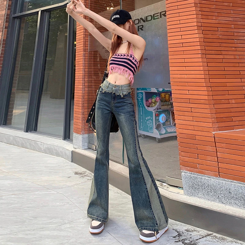 

Pants Vintage High Waist Jeans Woman Spring 2024 New High Street Fashion Splice Slim American Style Bell-bottom Trousers Female