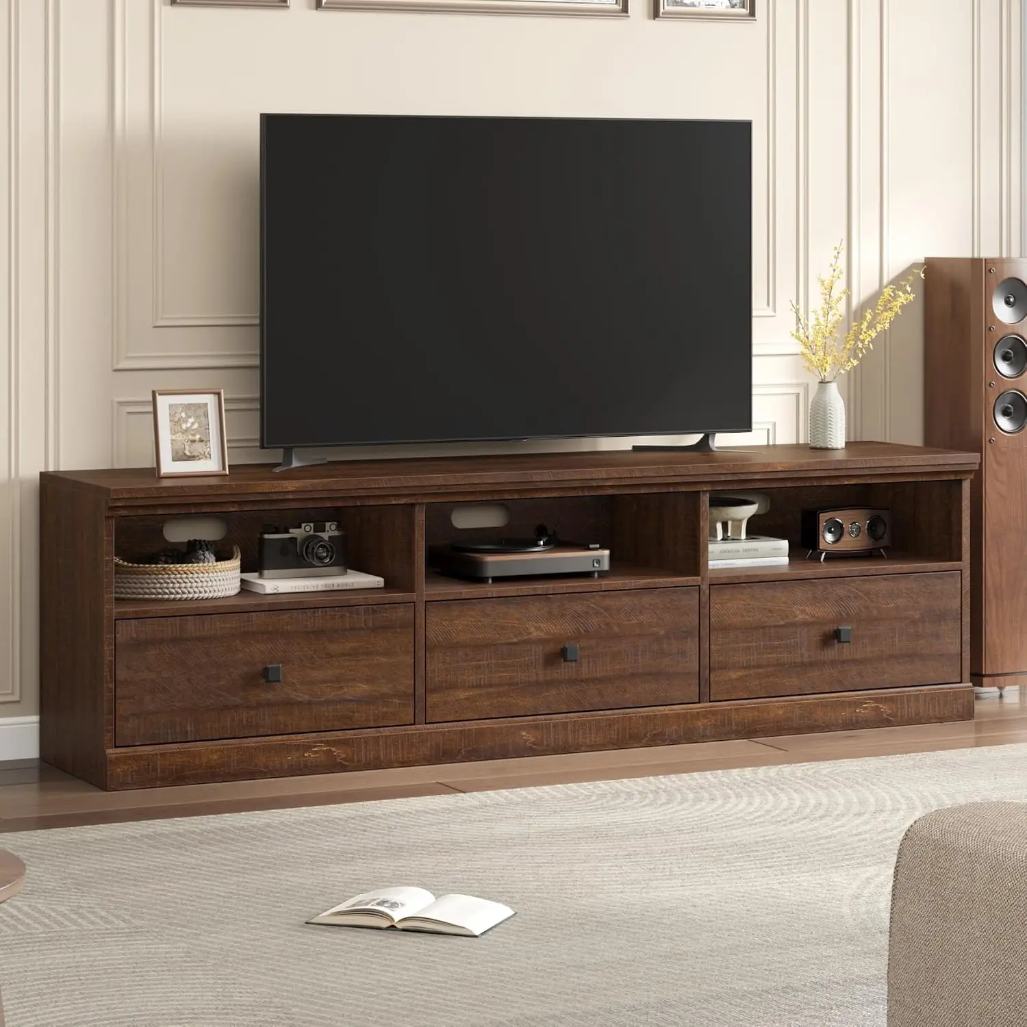 Brown Mid Century Modern TV Stand Holds 80 Inch Television Entertainment Center Storage Drawer Open Shelves Media Console Living