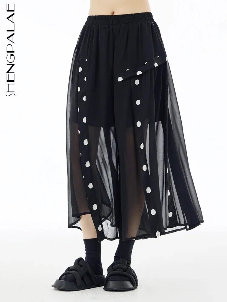 

SHENGPALAE High Elastic Waist Black Dot Chiffon Long Wide Leg Pants New Trousers Women Fashion Tide Spring Autumn 2024 1DH6136