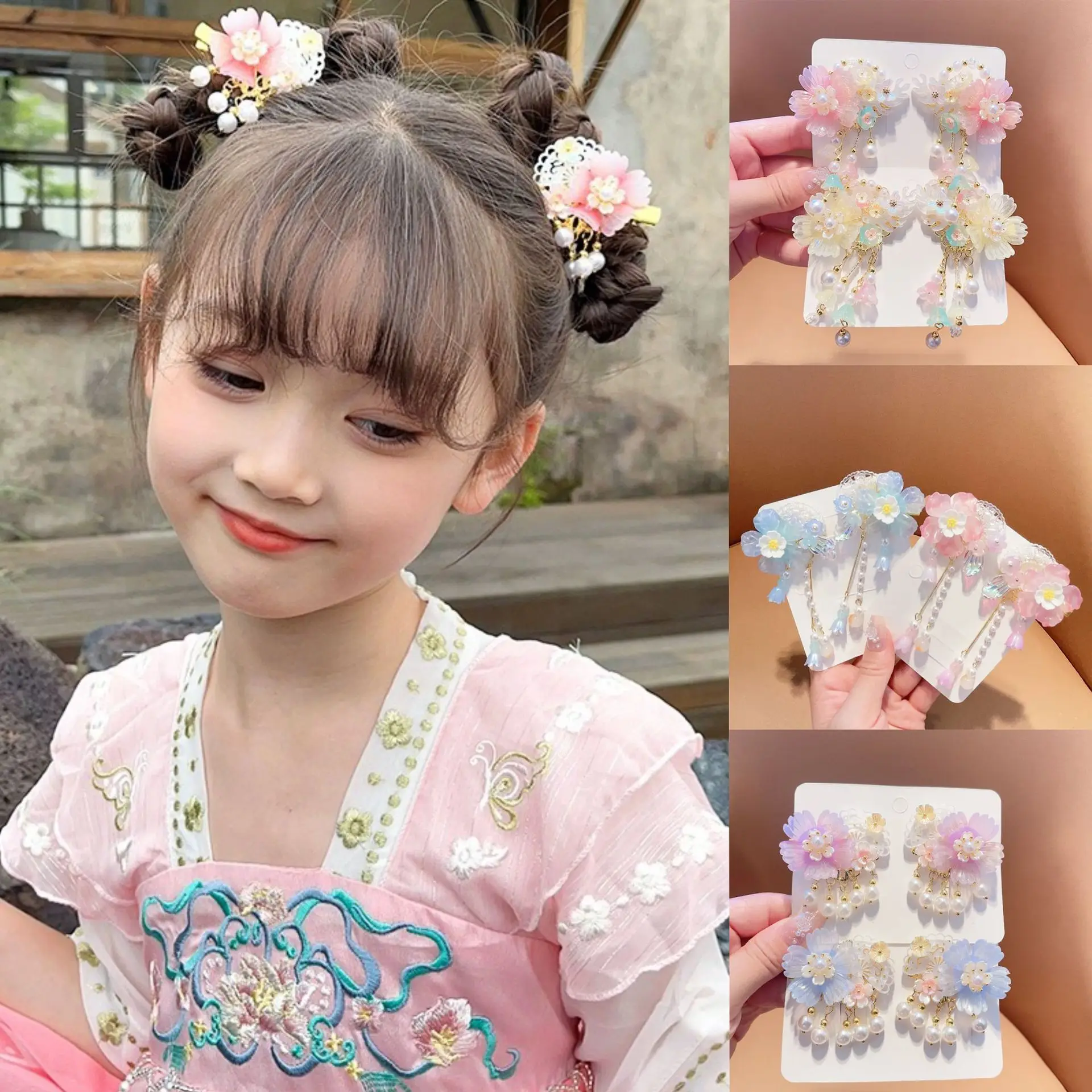 1pair Girls Flower Hair Clip Pearl Pendant Hairpin Cute Classic Taassel Tiara Chinese Hanfu Headwear Fairy Vintage Hair Jewelry image 2