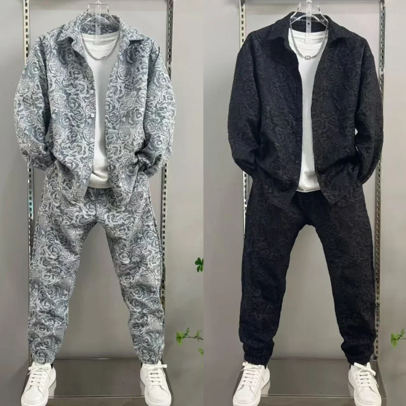2025 New Men's casual fashion two-piece pants set, sporty lapel jacquard shirt, long-sleeved spring and autumn set