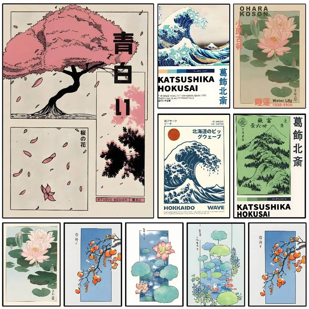 Hokusai Ohara Koson Japanese Art Poster Self-adhesive Art Waterproof Paper Sticker Coffee House Bar Room Wall Decor