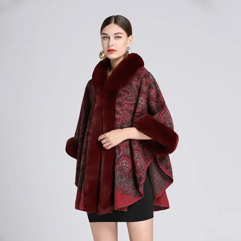 Winter Batwing Sleeves hooded cloak Women Warm String Faux Rabbit Fur Turn-Down Collar Poncho Cape dress Knitted Outstreet Coat