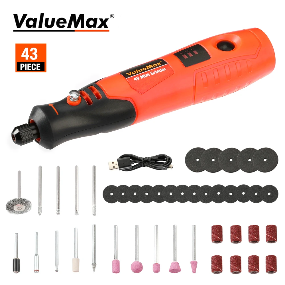 ValueMax 전기 미니 그라인더 세트, 드릴 USB 충전 회전 도구, 조각 액세서리 키트 포함, DIY 연삭 연마용, 4V