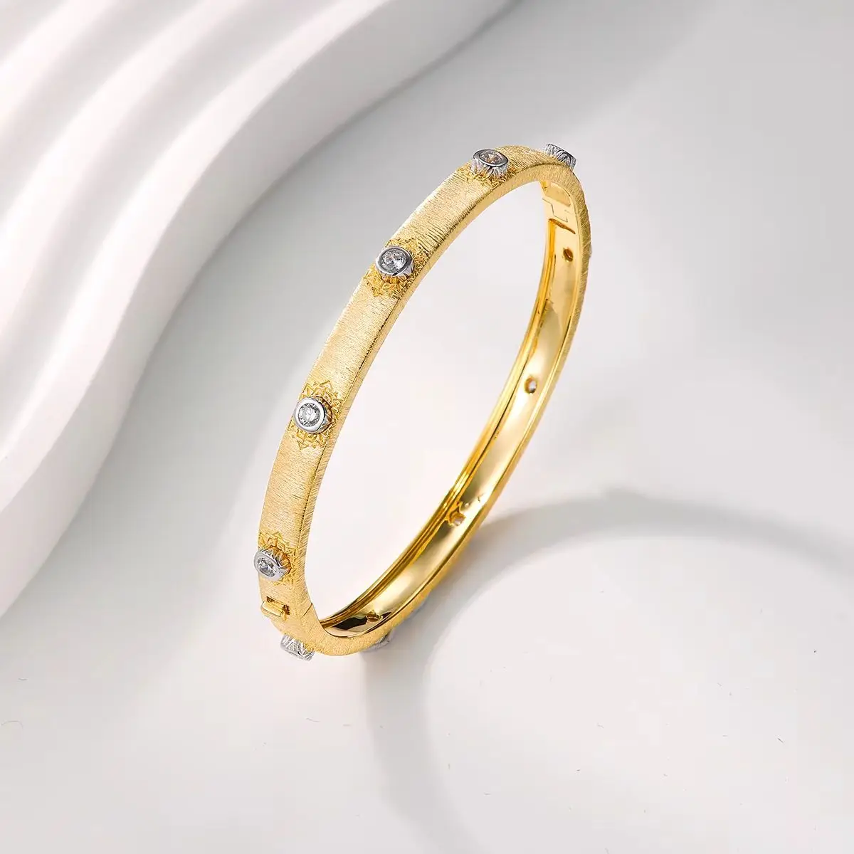 

APIR 18k Gold Plated Wristlet Inlay Zircon 925 Silver Bracelet Frosted Brushed Gift for Women Elegant Trendy Bangles Jewelry