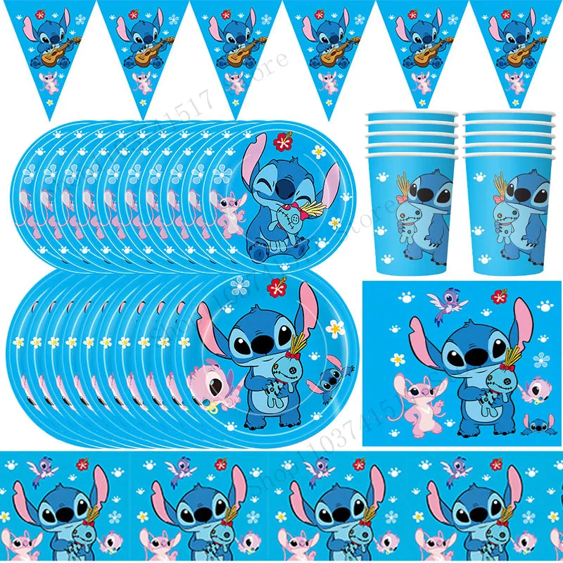 

Disney Stitch Theme Birthday Party Decoration Cartoon Tableware Cup Plate Banner Cake Topper Balloon Kids Baby Shower Supplies