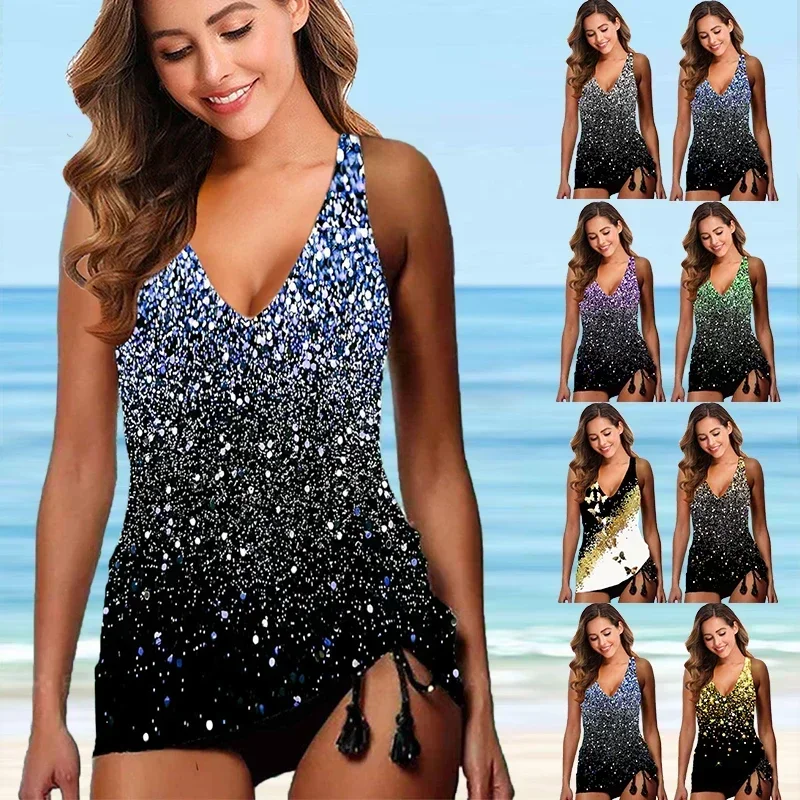 New Summer Ladies Holiday Resort Style Swimsuit Fashion Design Glitter Butterfly Print Halter Swimsuit Two-piece Set S-6XL