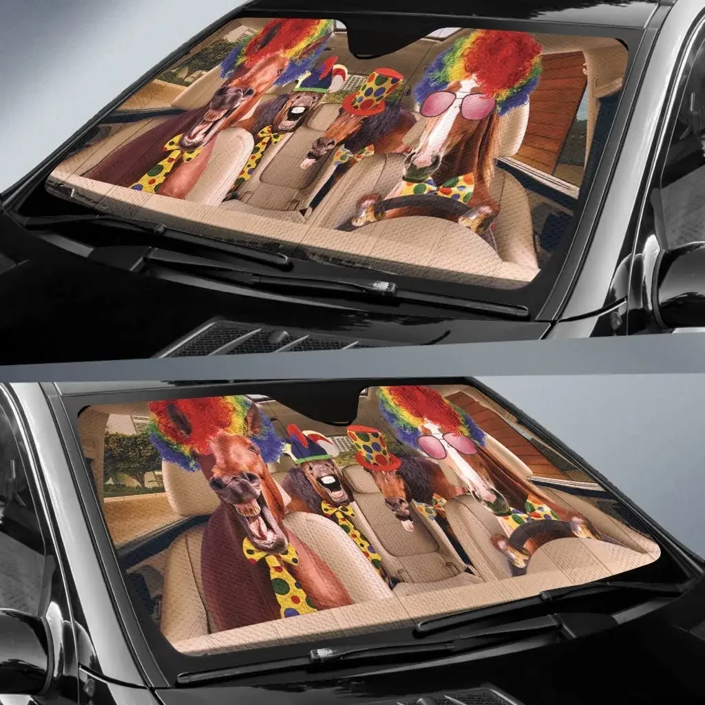 Funny Horses Clown Family Driving Car Sunshade, Horse Driving Auto Sunshade for Horse LoverCar Windshield Visor