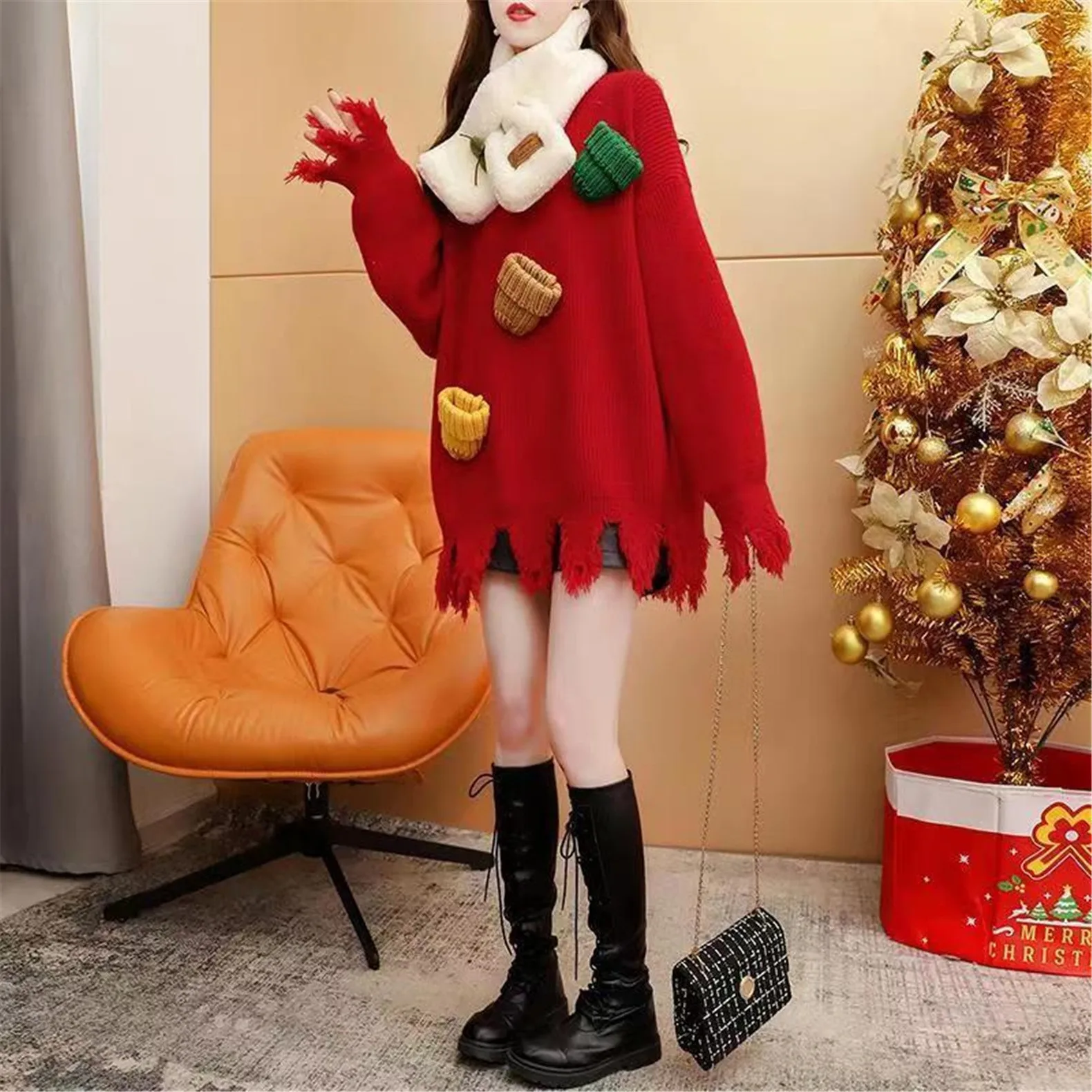 

Christmas Hat Pullover Sweater Women's Autumn and Winter New Style Loose and Lazy Fashion Tassel Versatile Knit Sweater