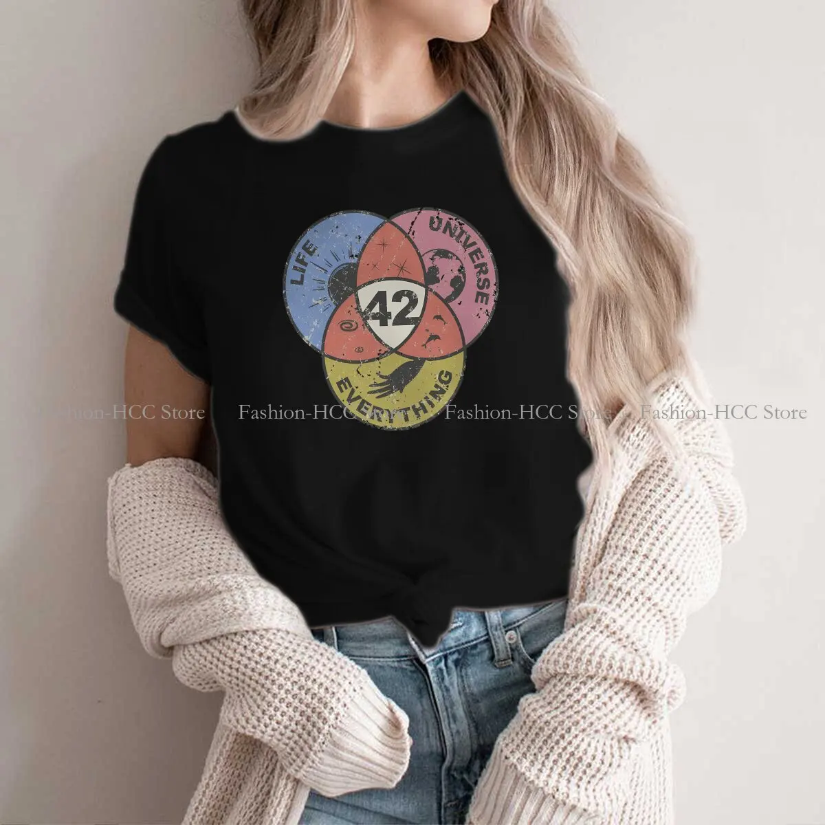 

Life The Universe And Everything Round Collar TShirt Venn Diagram Classic Polyester T Shirt Women Tops Fashion