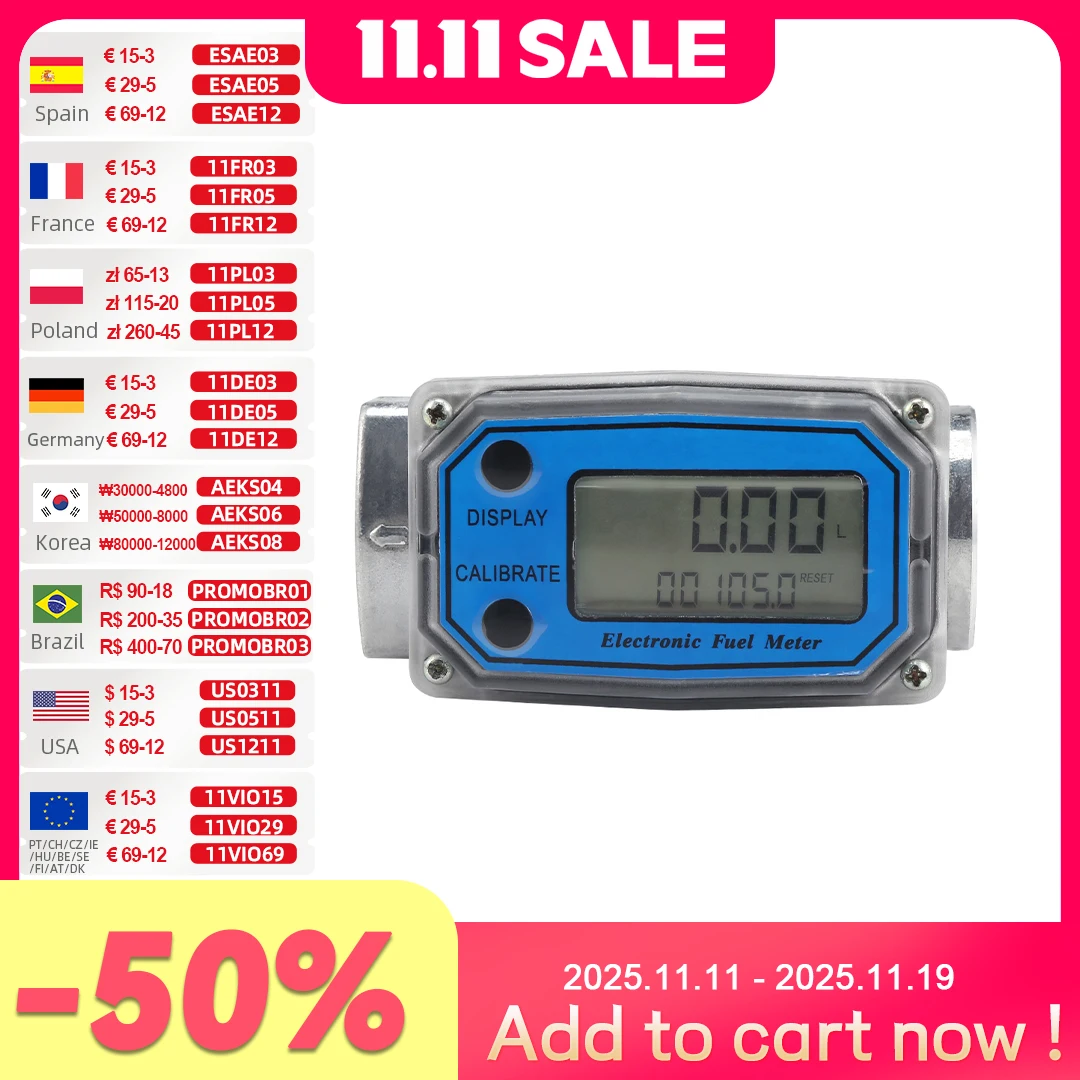 ALLSOME 5-120L/PHÚT Nhiều Đơn Vị Kỹ Thuật Số Đèn LED Nhôm Hợp Kim Tuốc Bin Dòng Chảy Nhanh Cho Chất Lỏng Nhiên Liệu Diesel Xăng Lưu Lượng Nước đồng Hồ