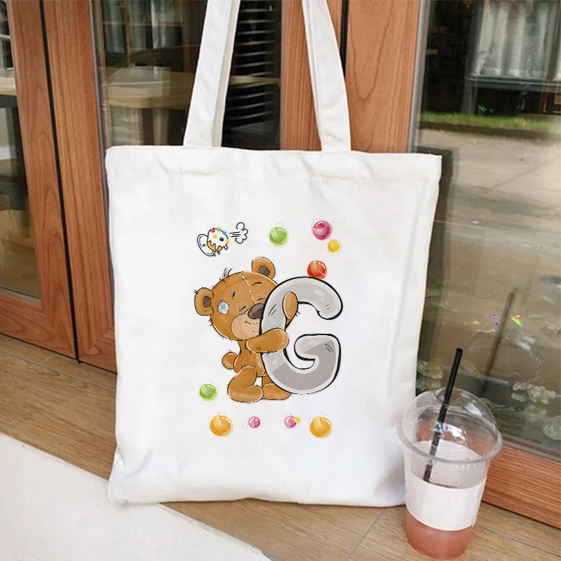 26 Alphabet A-Z Bear Print Canvas Women Shoulder Bags Letter Series Tote Bag Girls Shopping Bag White Female Shopping Bags