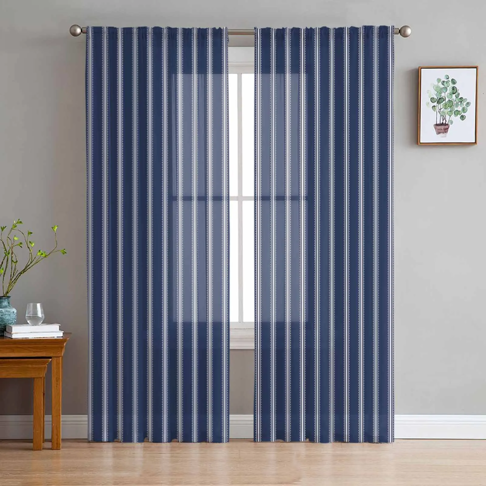 Striped Navy Background Tulle Curtains For Bedroom Home Decor Living Room Kitchen Voile Curtains For Blind