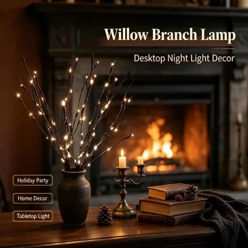 Warm LED Black Willow Branch Lamp, Battery Operated DIY Lighted Twigs for Vase Table Holiday Home Decoration Lighting Display