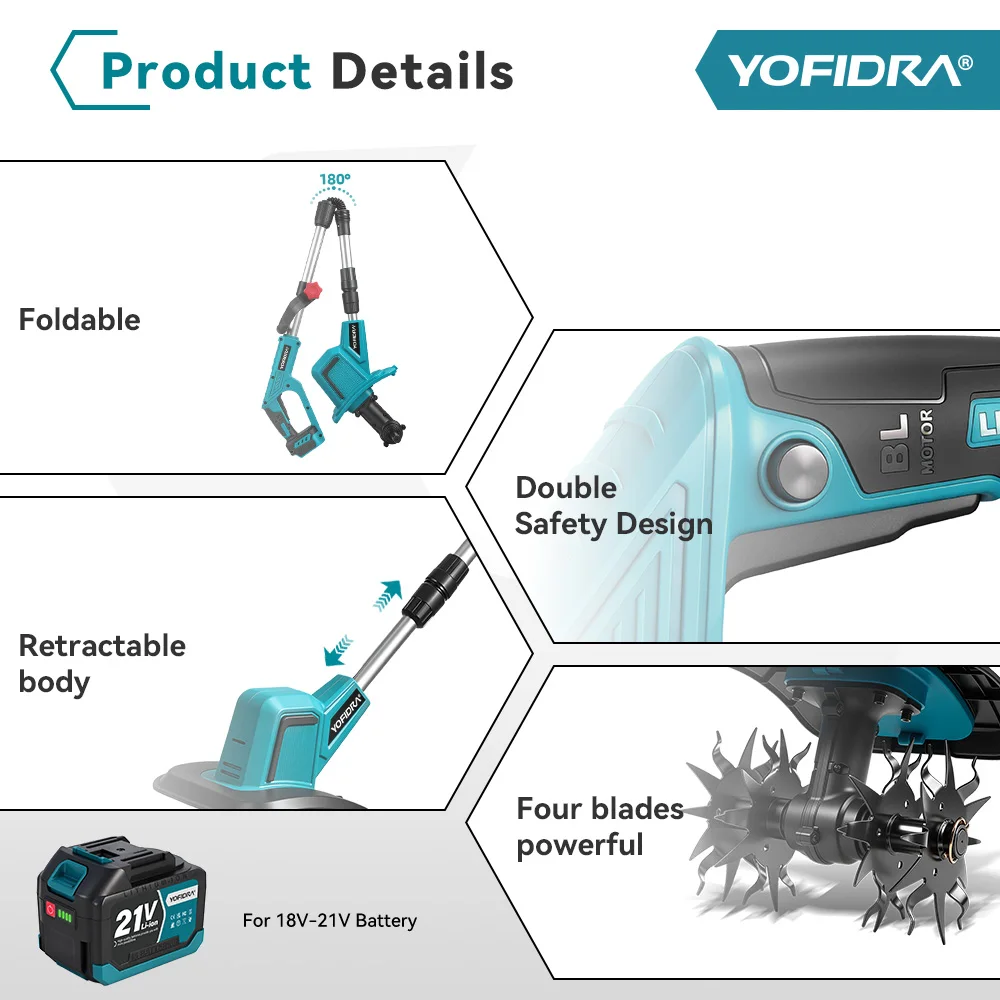 YOFIDRA Elektrische Gartenfräse, Kultivator, Vertikutierer, faltbare Bodenfräse, Bodenlockerer, Gartenwerkzeug für Makita 21V Akku – Detail 17
