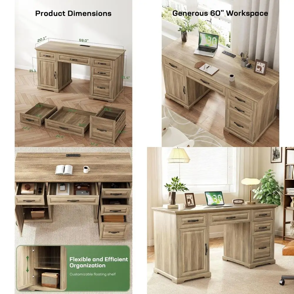 

Рабочий стол Rustic 60 Executive для домашнего офиса с зарядной станцией, шкафом для хранения, регулируемой полкой для работы и учебы, коричневый