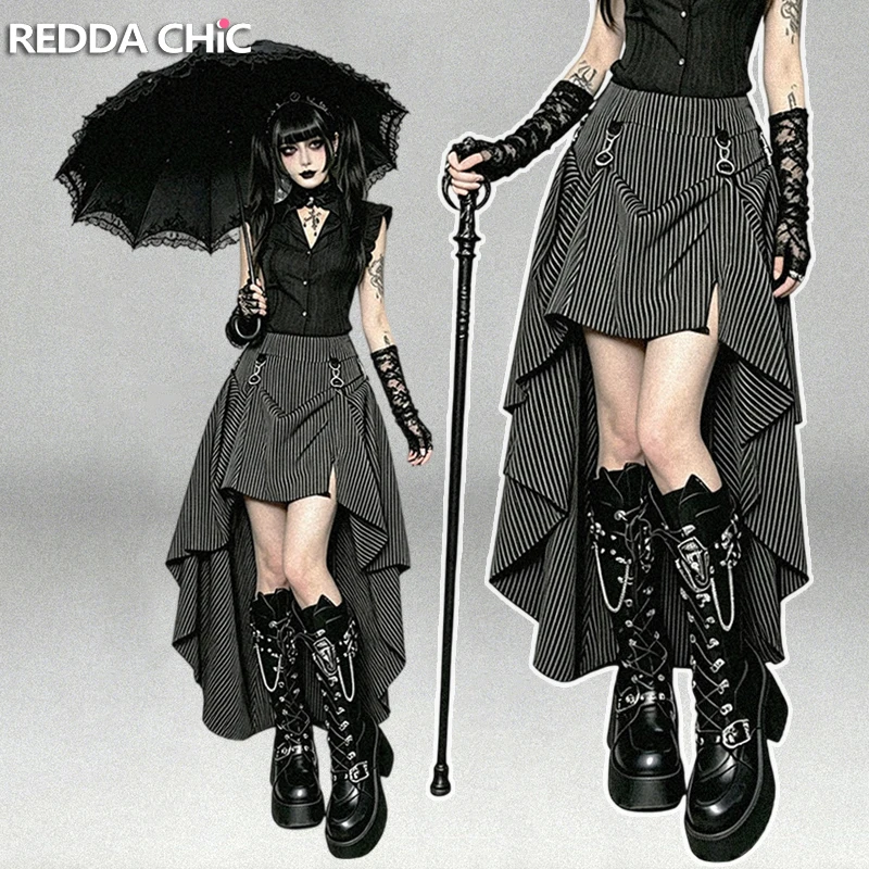 REDDACHiC Women High-Low Bustle Skirt Steampunk Renaissance Stripe Low Rise Maxi Pirate Skirt Victorian Gothic Summer Clothes