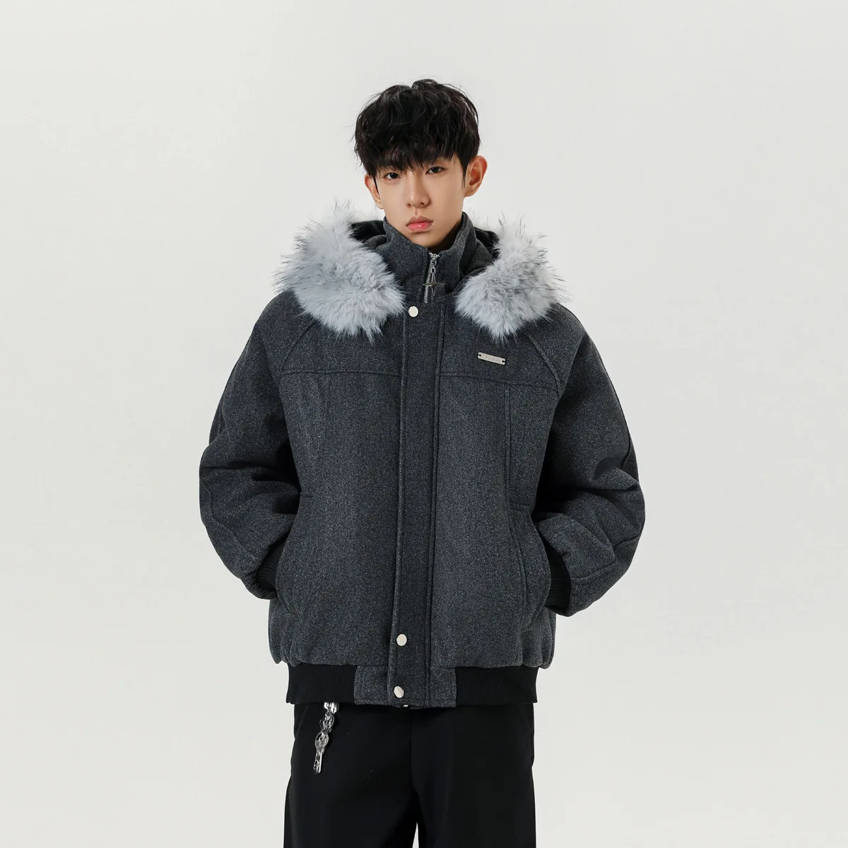 

Осенне-зимнее мужское пальто с меховым капюшоном, мужская верхняя одежда, утепленная теплая повседневная мужская куртка с воротником-стойкой и длинным рукавом на молнии
