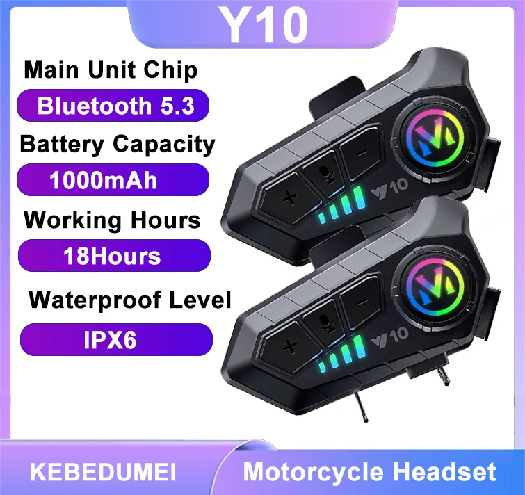 

Мотоциклетная Bluetooth-гарнитура Y10 5.3 для шлема с цветной подсветкой, водонепроницаемые беспроводные наушники, гарнитура Hands-free, водонепроницаемая