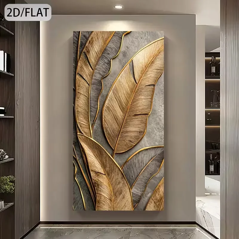 (1PC Unframe)Large Canvas Wall Art Decor, Modern Canvas Wall Art - Elegant Leaf Design in Earthy Golden Tones, Spray-Painted Can