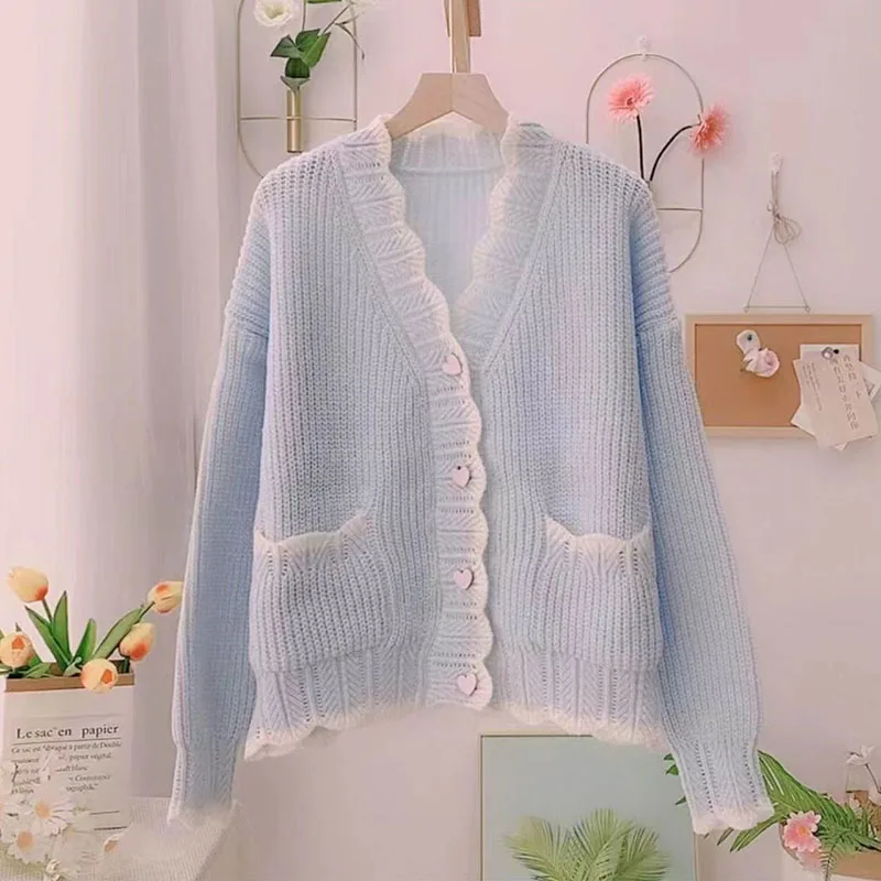 Fashion V-Neck Button Pockets Loose Ruffles Cardigan Sweaters Women's Clothing 2023 Autumn Winter Oversized Knitted Sweet Tops