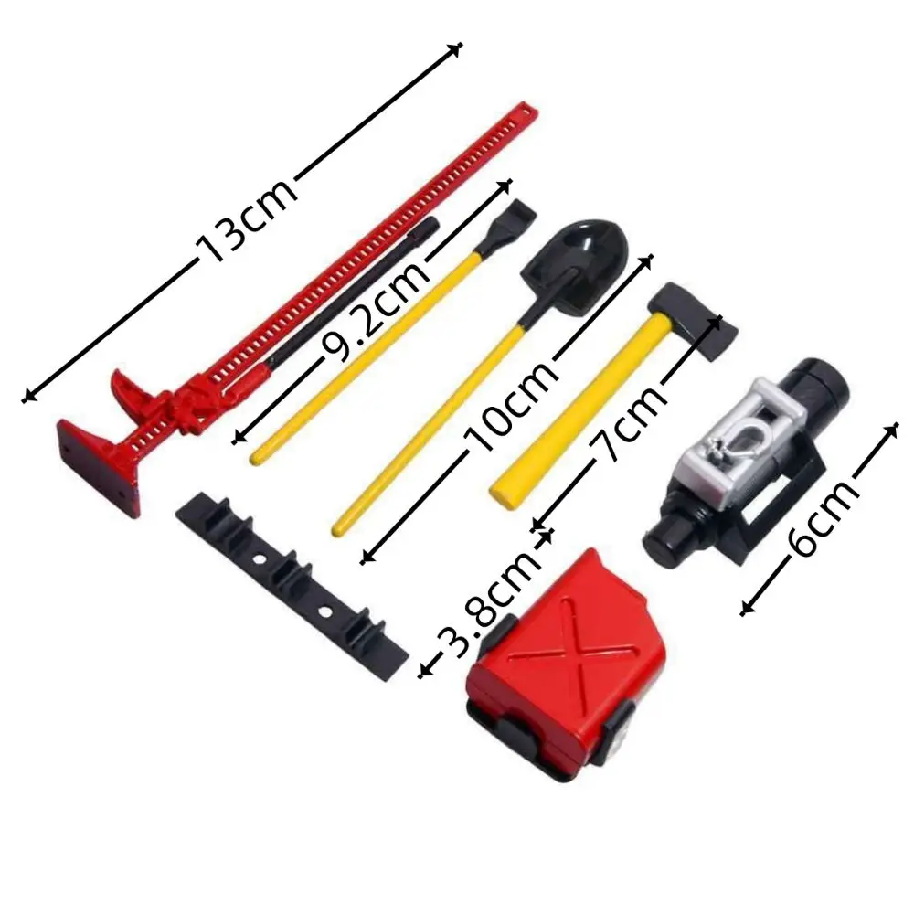 6pcs 1/10 Scale Garage Tools Set Simulated Mini Shovel Jerry Can Axe Toy Plastic Hi-Lift Jack Winch Kits for SCX10 TRX4 D90 CC01