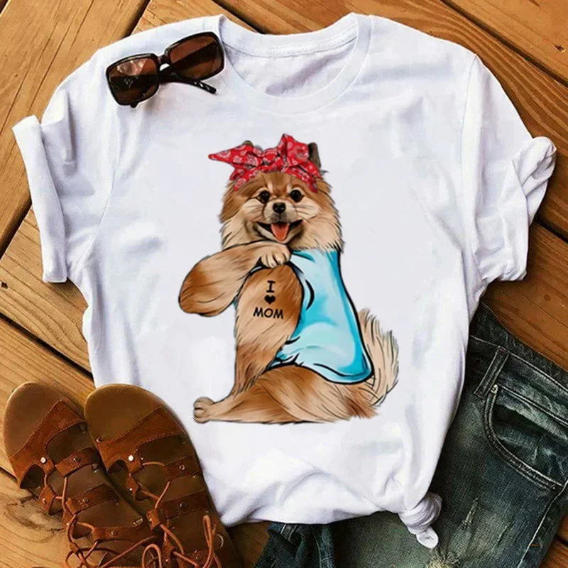Fashion Women T Shirt Pomeranian Mom Tshirt Dog I Love Mom Tee Shirts Cartoon T-shirt Female Summer Short Sleeve Tops Clothing