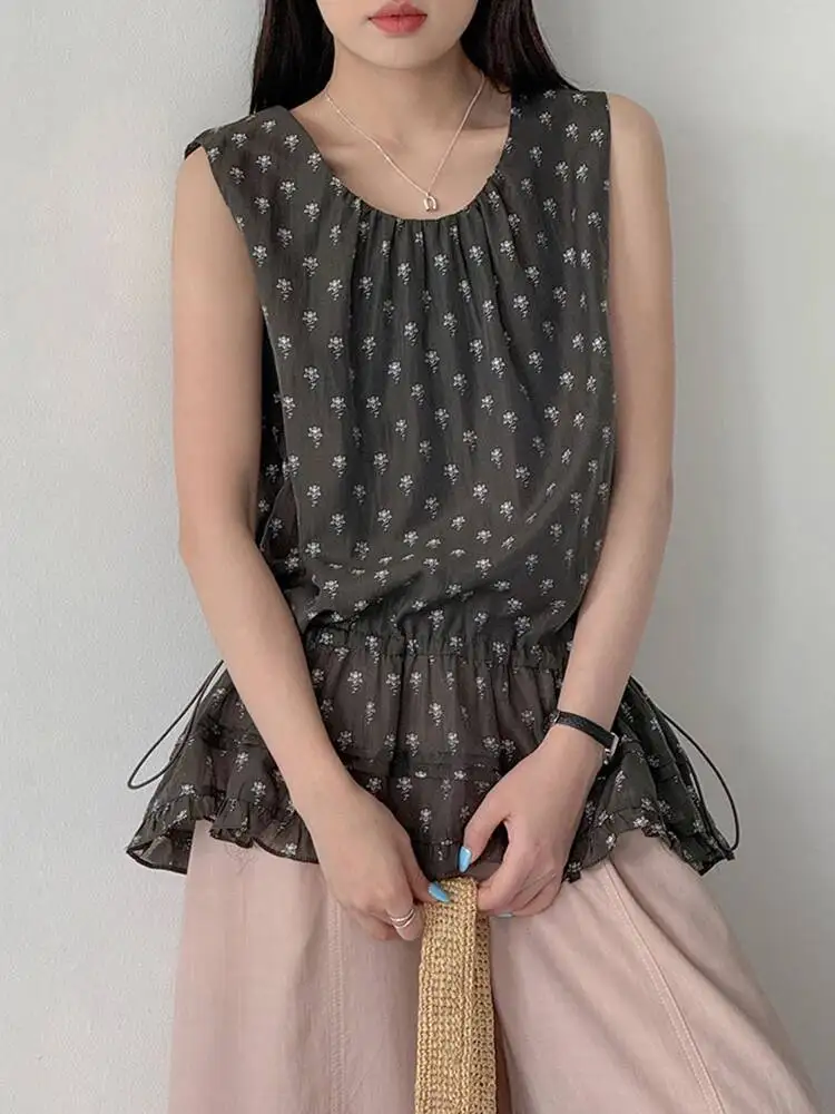 Women Printed Drawstring Ruffles Tank Tops New Round Neck Sleeveless Personality Fashion Tide Spring Summer