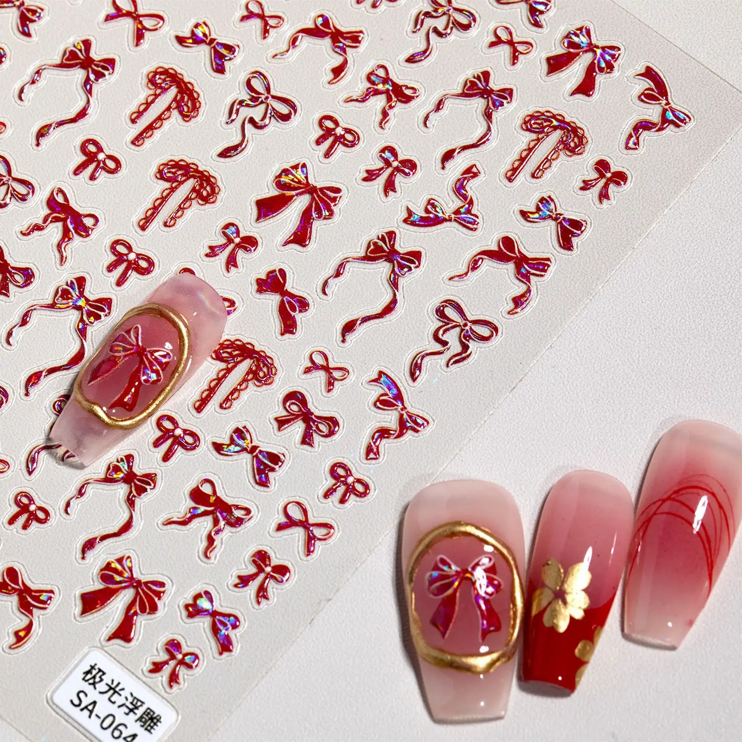 2 قطعة 5D تنقش مسمار ملصقات فنية السنة الصينية الجديدة أورورا الأربطة الحمراء Bowknots المتزلجون مسمار ملصقات زينة للتقليم