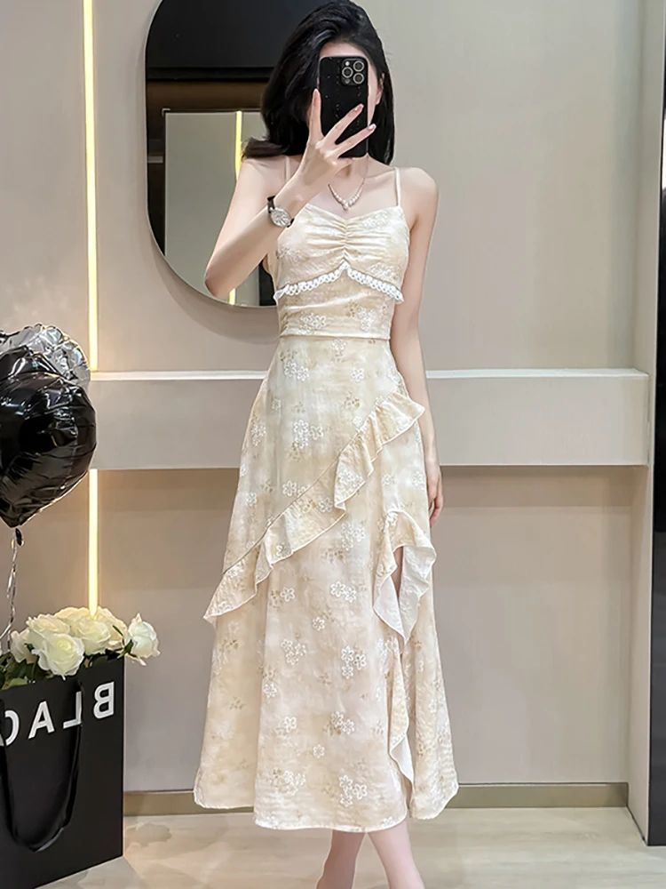 Zomer Vrouwen Koreaanse Mode Elegante Casual Vakantie Jurk Past 2025, Nieuwe Bloemen Chiffon Verstoorde Sling Jurk + Kant Top Shirts Suits