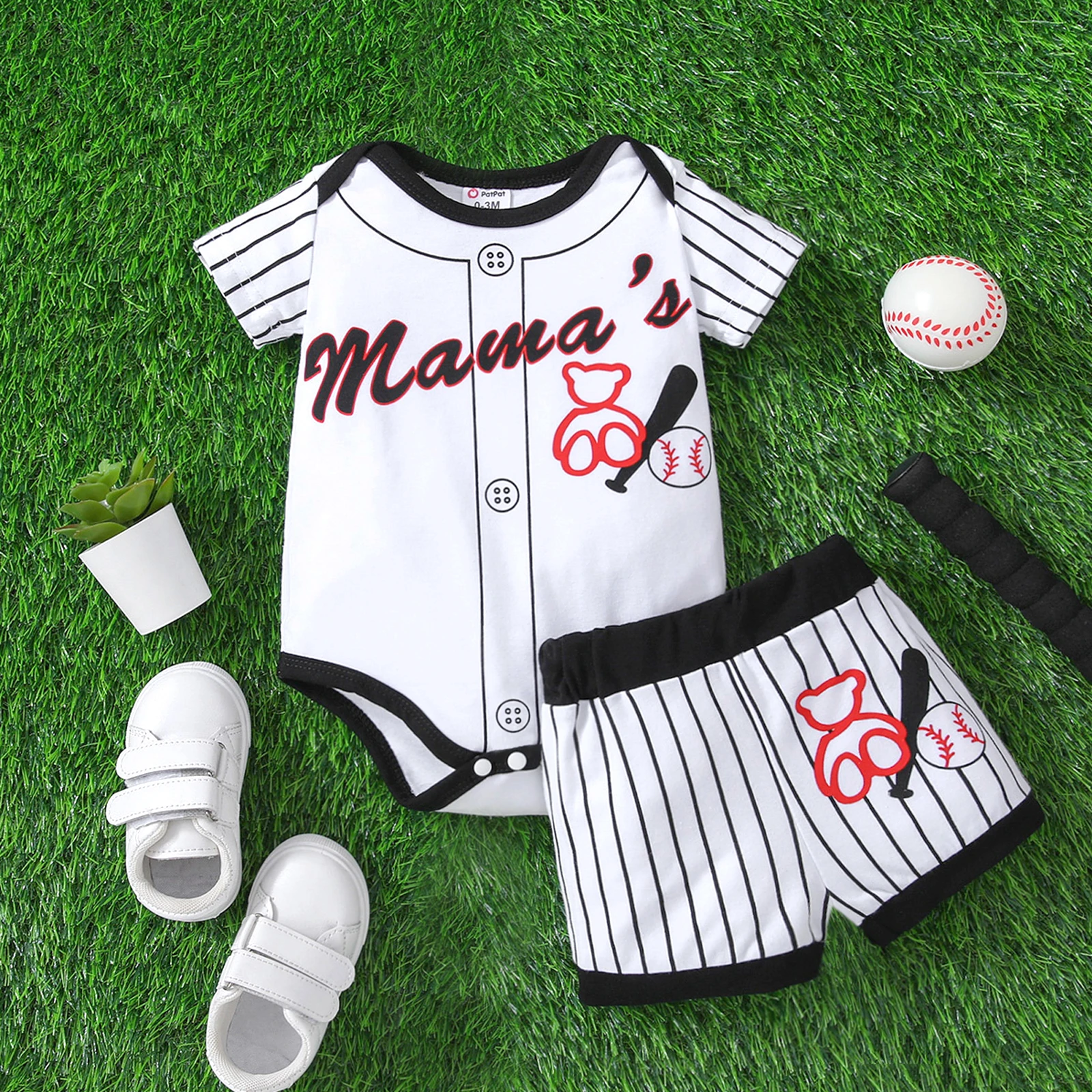 PatPat 2pcs Baby Boy/Girl Striped Short-sleeve Graphic Romper & Shorts Set