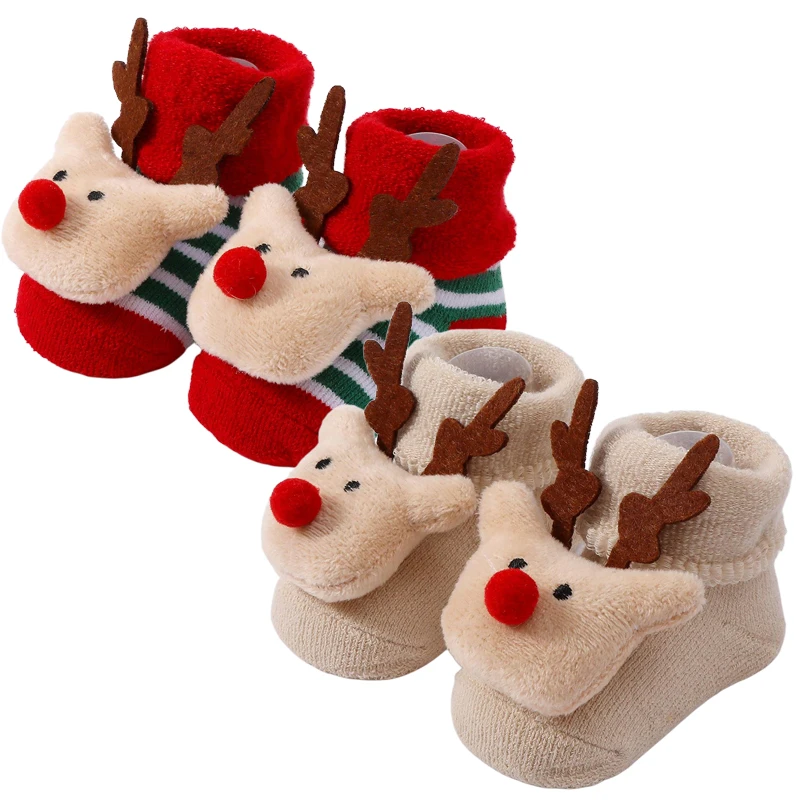 

2 пары детских хлопковых носков для девочек и мальчиков, нескользящие рождественские носки для малышей, зимние теплые новогодние носки для новорожденных