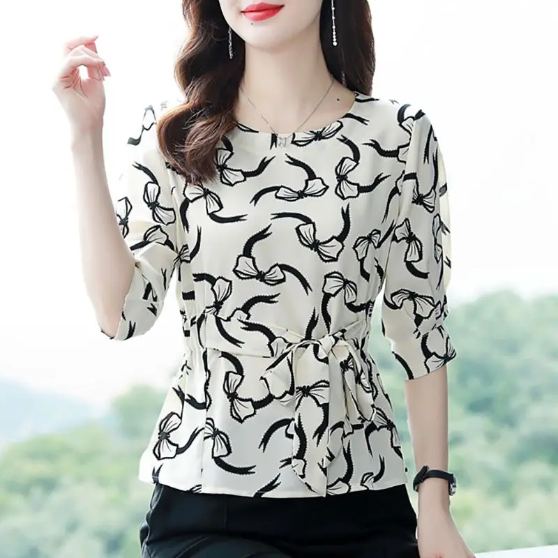 Summer Women\'s Clothing Crew Neck Pullover Chiffon Geometric Bandage Printing Short Sleeve Casual T-shirt Elegant Commuter Tops