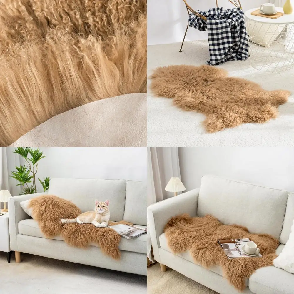 Authentic Lightweight Fluffy Mongolian Wool Sheepskin Rug, 2x3ft, for Couch, Bed, Bedroom, Living Room, Camel
