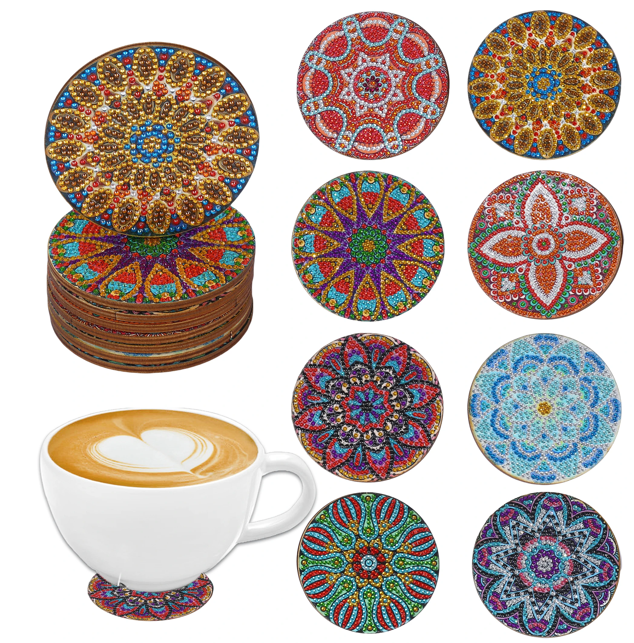 8 Pieces DIY Diamond Painting Art Set Mandala Flower Pattern Coaster Special Shape Crystal Artificial Diamond Mosaic Process