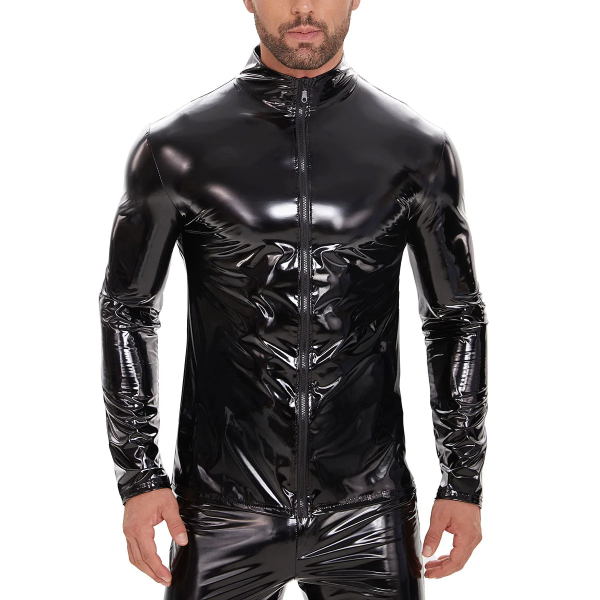 Cherry Inspired Men PVC High Gloss Patent Leather Long Sleeve Jacket Sexy Faux Leather Outerwear Odor Free Nightclub Party Top