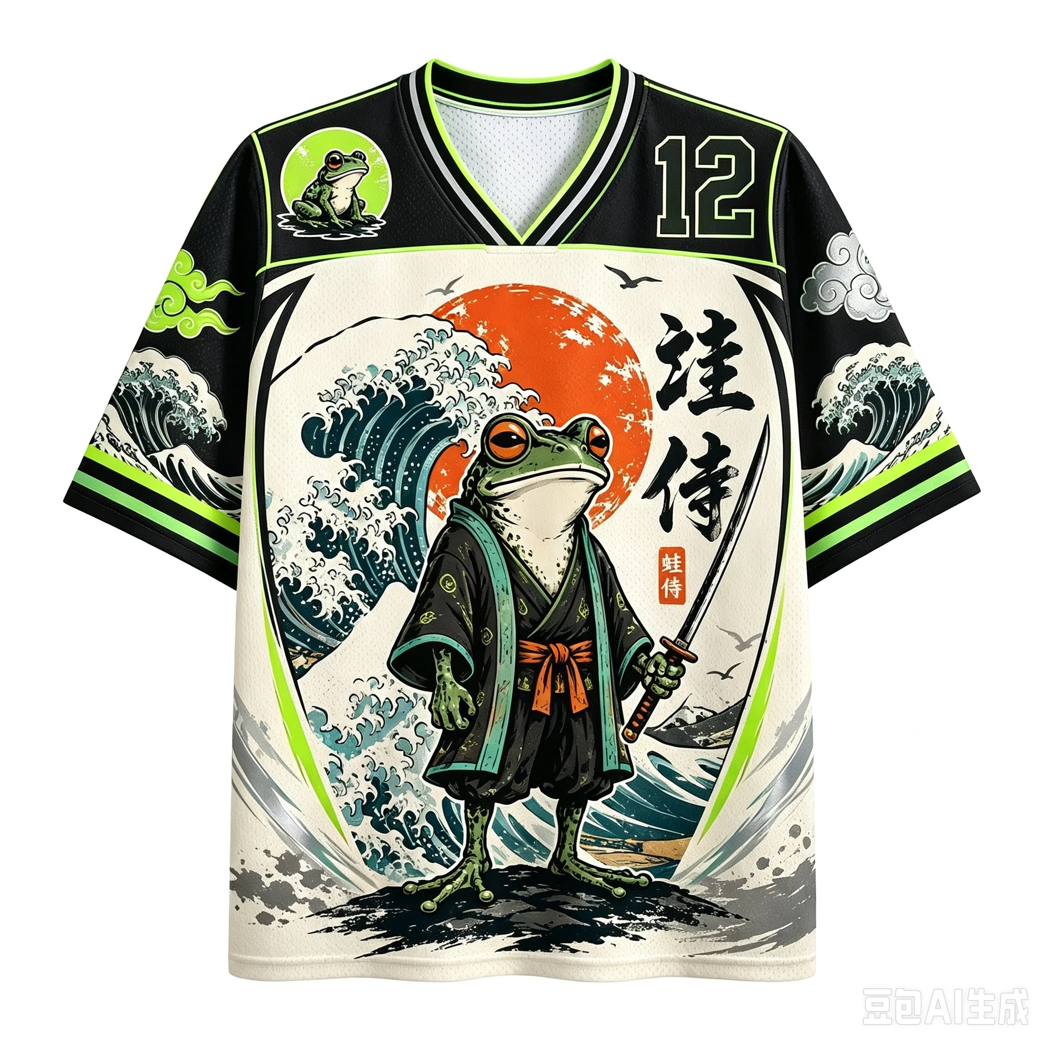 Vintage Samurai Frog Animal Jersey Shirt Unisex Short‑Sleeve Tee Great Wave Kanji Print Retro Oriental Street Fashion Tops