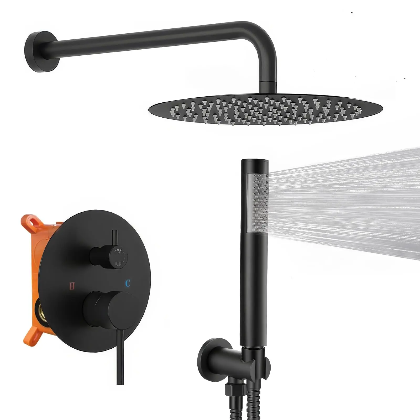 Black Rainfall Shower System 12 Inch Round Shower Head With Handheld Wand Wall Mounted Faucet Set