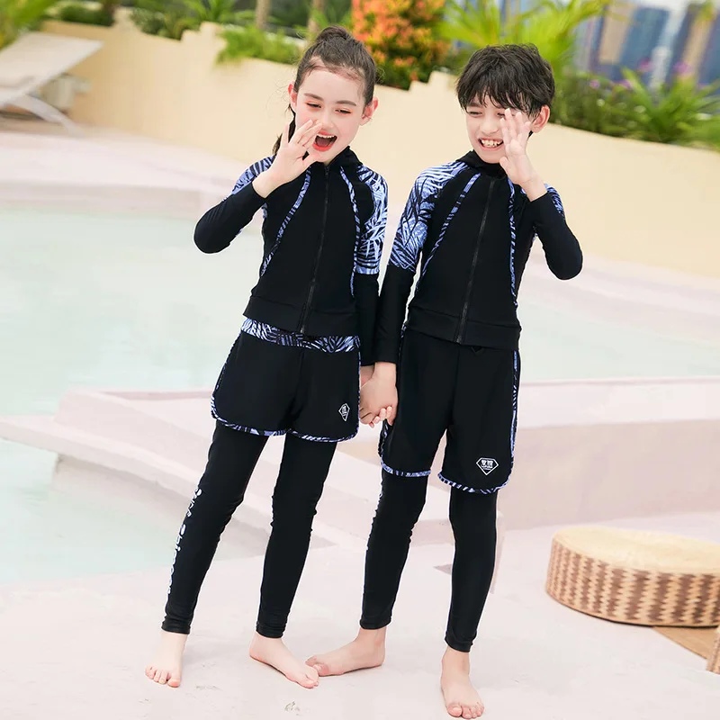 Boys Youth Three Piece Rash Guard Long Sleeve Zipper Hoodie Shirt and Pants Athletic Surfing Swimsuit Bathing Suits Kid Swimwear