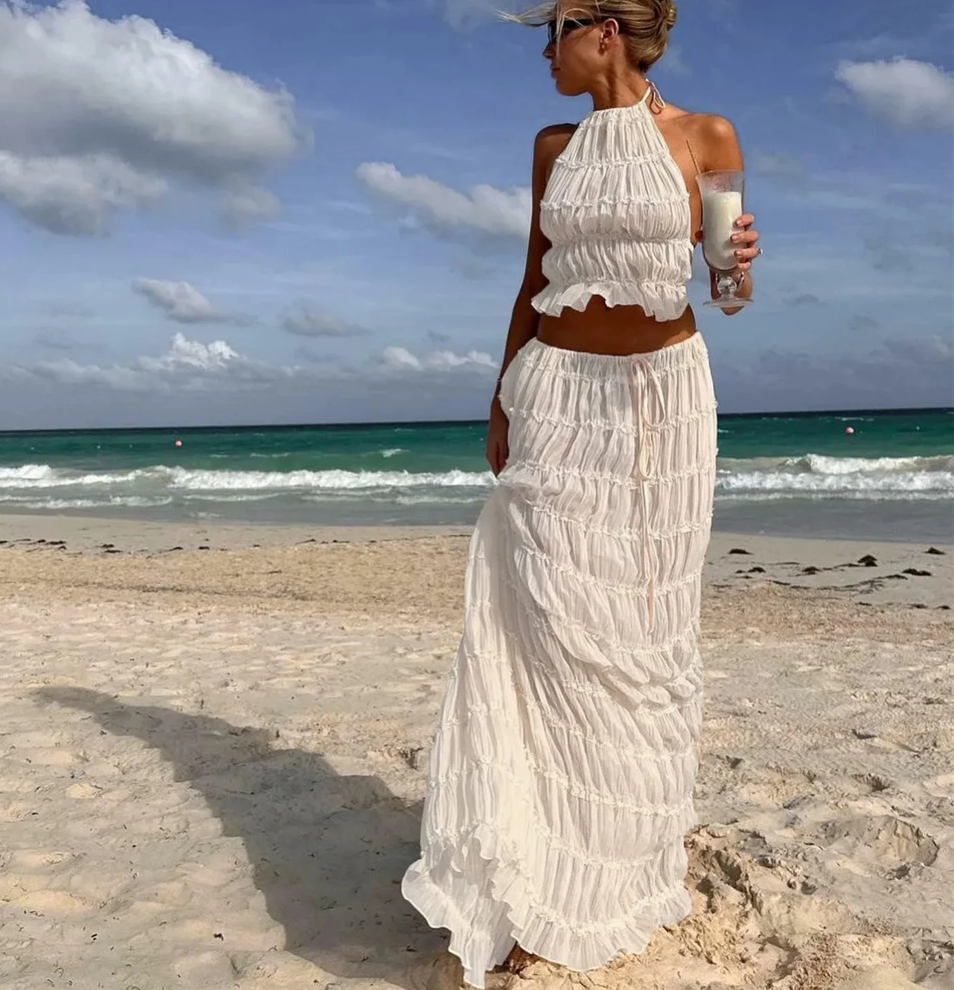 2Piece Skirt Set for Women Lace Up Back Tank Tops Tie Up High Waist Long Skirts Outfits Fairy Vacation Cottagecore Dress