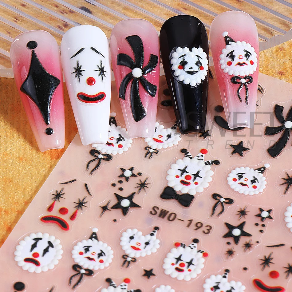 2 Stück Halloween-Nagelaufkleber, verrückter Ausdruck, Clown-Gesicht, Schleife, Sternmuster, Nagelaufkleber, DIY-Maniküre-Dekoration, Nagelzubehör – Detail 5