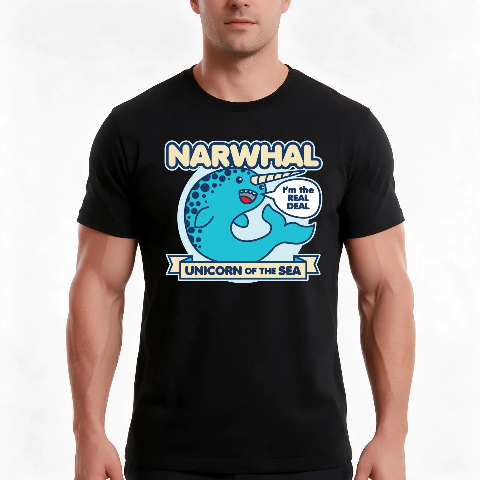Narwhal T-Shirt, Summer Casual Cotton Tee, Oversized Streetwear Tops, Vintage Graphic Print, Loose Fit Short Sleeve, 100% Cotton