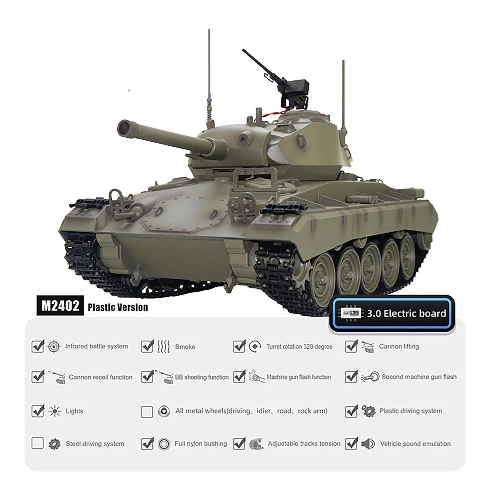 Remote Control Light Tank M24 Chaffee Tank 1/16 War RC Military Vehicle Simulation Smoke Barrel Telescoping NO-Shooting Sound Ef