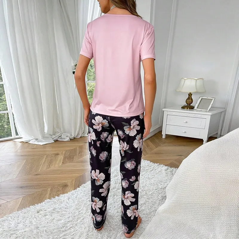 Women\'s Pajamas Set Super Soft Short Sleeve Pink Tops With Long Pants Sleepwear Floral Print Pyjamas Home Clothing Ladies Pijama